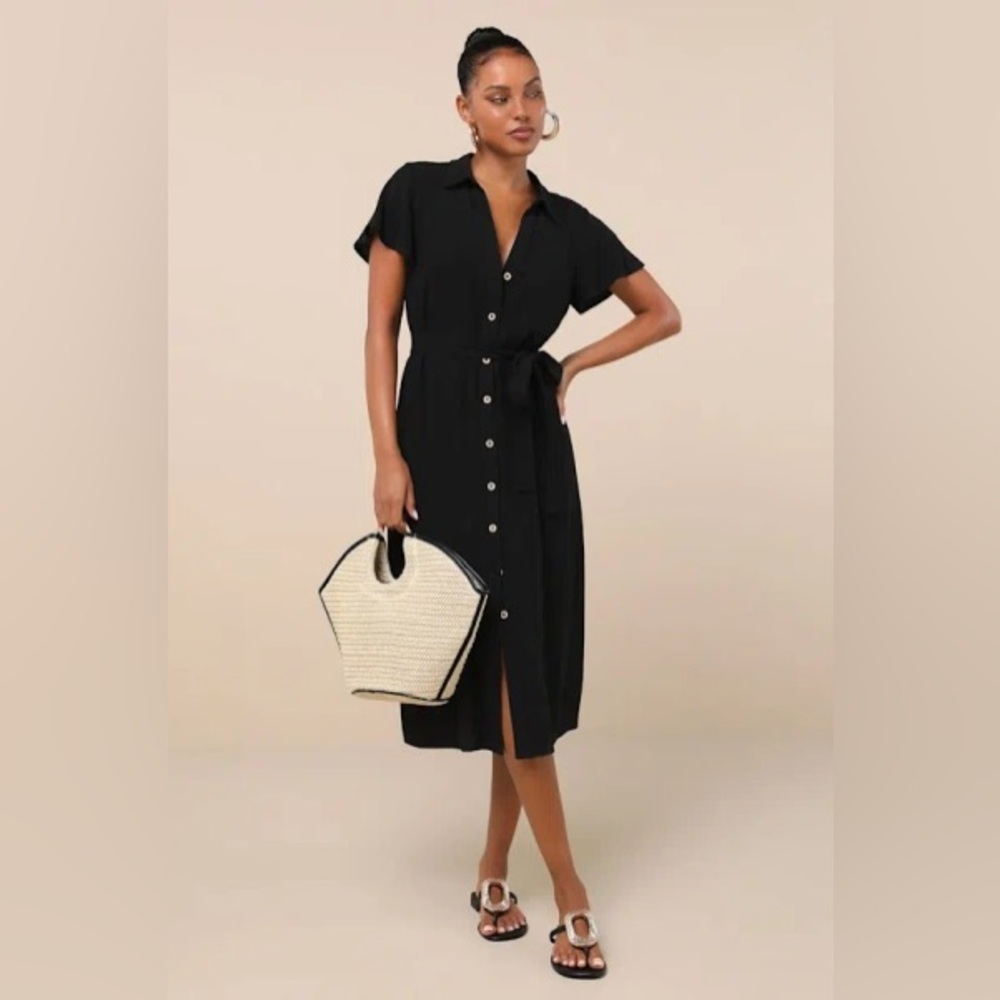 NWT Lulu’s Black Tie Waist Button Down Midi Dress M